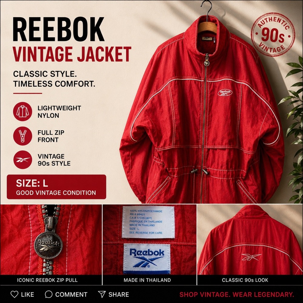 Vintage Reebok Red Nylon Windbreaker Jacket 90s Full Zip‎ Women's Large